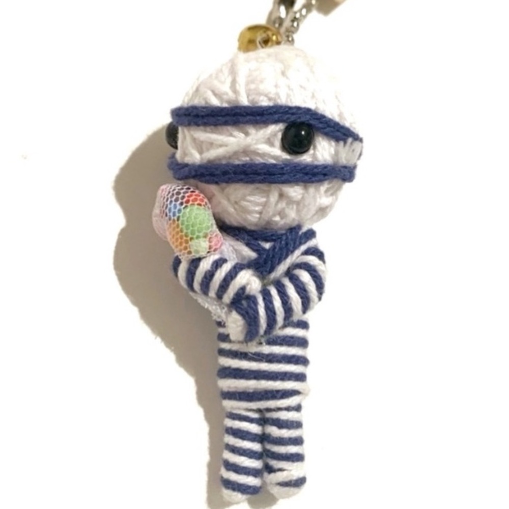 Handmade Voodoo Doll Keychain Friends Candy Mummy Watchover Stripes Spooky Blue